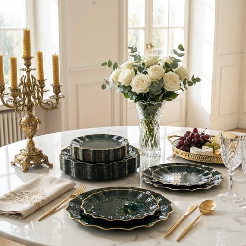 Rubtlamp Heavyduty 60Pcs Green Plastic Plates - Green Scalloped Plates with Gold Trim - 30 Gold Dinner & 30 Dessert Platos, Fancy Disposable Plates for Party&Wedding (30 Guests) - Image 6