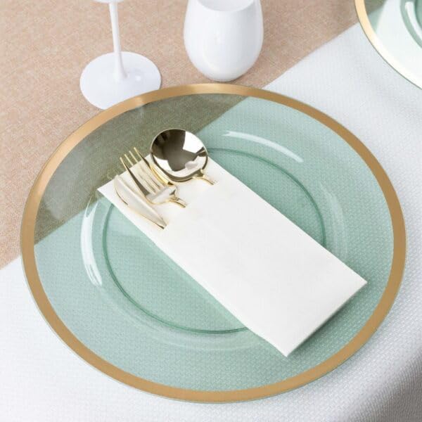 PARTY BARGAINS 13-Inch Charger Plates - 8 Pack, Transparent Green Gold Rim, Heavy-Duty Disposable Chargers for Elegant Dining - Ideal for Weddings and Formal Events