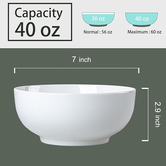 40 oz Large Soup, Ramen, Pho, Noodle, and Salad Bowl Set of 4, 7 in White Ceramic Bowls, Versatile & Microwave Safe