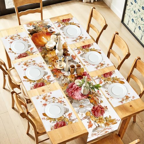 ANNA QUEEN Vintage Fall Floral Table Runner and Placemats Set of 6, 13"x72" Runner with 12"x18" Placemats, Rustic Peony and Garden Flowers Thanksgiving Dining Decor by ANNAQUEEN