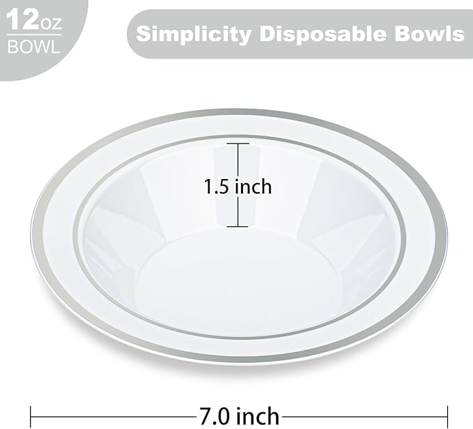 BESTVIP 50 Pack Plastic Bowls with Silver Rim, 12 oz Disposable Soup Bowls, Heavy-duty Dessert Salad Bowl for Party, Wedding, Christmas, Catering and Dinner