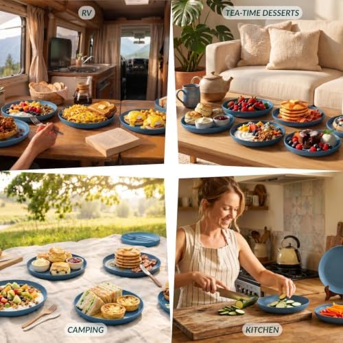 Homienly Salad Plates Wheat Straw Plates Set 6 PCS Unbreakable Kitchen Plates for Cake,Pizza Microwave & Dishwasher Safe Deep Plates 9 Inch Reusable Plastic Plates for Picnic,Party,RV (Blue) - Image 7