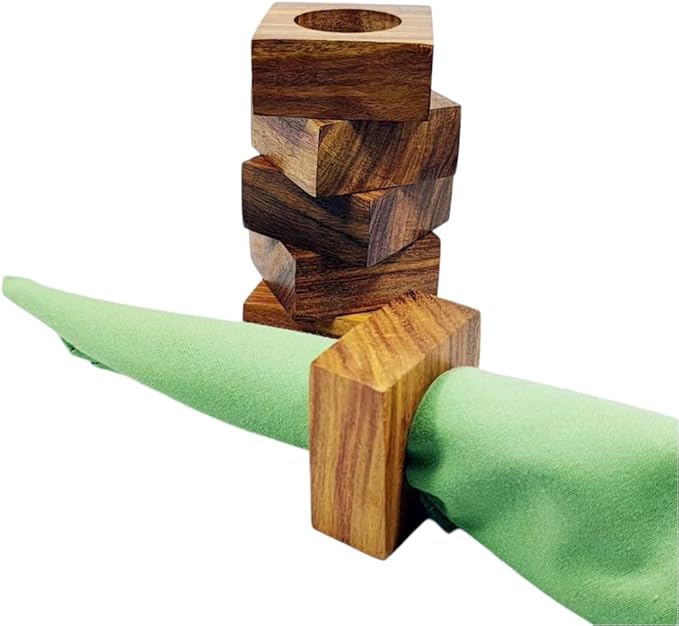 Handmade Wooden Square Napkin Ring Made by Artisan Beautifully Crafted and Designed in India Set of 4