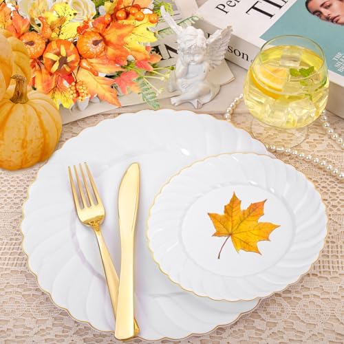 YOUBET 125PCS White and Gold Plastic Plates for Wedding Parties - Image 3
