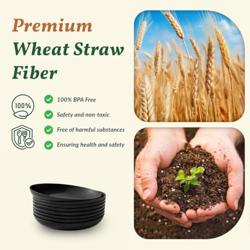 Homienly Wheat Straw Plates Unbreakable Deep Dessert Plates Set of 8 Plastic Plates Reusable Microwave Safe Plate for Kitchen Camping Party Dishwasher Safe Stackable Appetizer Plates (8in, Black) - Image 3