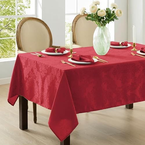 Newbridge Barcelona Damask Fabric Tablecloth, 60 x 144 Inch Rectangle, Red – No Iron, Soil Resistant Table Cover for Dining, Parties and Holidays - Image 2
