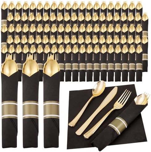Supernal 120Pack Pre Rolled Black and Gold Plastic Silverware Set by supernal