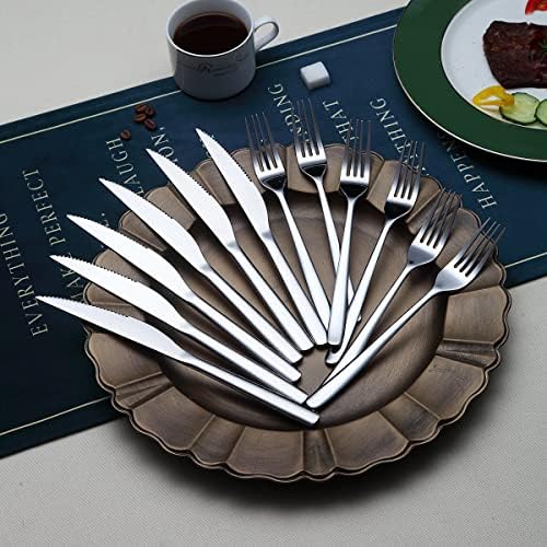 Steak Knives Set 12 Piece, Premium Stainless Steel 6 Dinner Forks and 6 Dinner Knives Set, Steak Knives Steak Forks for 6 Person, Mirror Polish, Dishwasher Safe (Shiny Silver) - Image 3