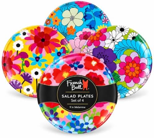 French Bull Assorted Plates - 4 Piece Set - 9 inch Melamine Salad Plates Set of 4 - Melamine Dinnerware for Indoor and Outdoor - Assorted Garden Floral by FrenchBull