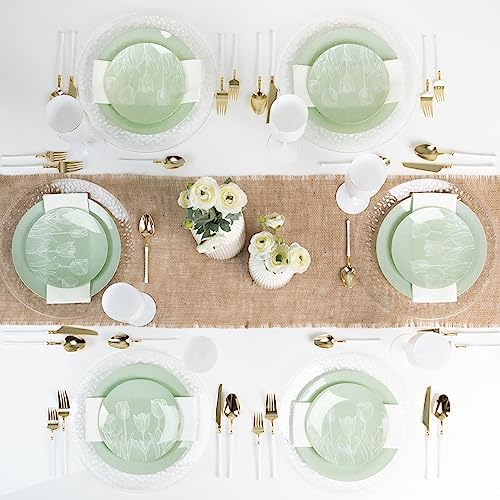 PLASTICPRO 32 Pack Elegant Disposable Plastic Plates Combo Set Includes 16 Dinner Plates and 16 Salad Plates Heavy Duty Fancy Party Plates Green and White Tulip Design - Image 5