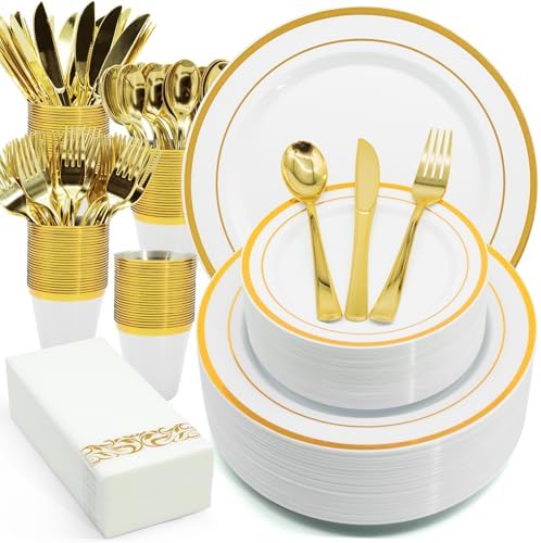 AIRE Gold White Plastic Plates Set, 175PCS Disposable Dinnerware for 25 by AIRE