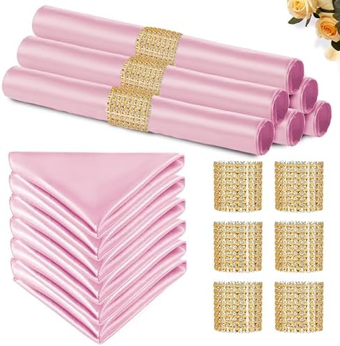 Pink Satin Napkins and Napkin Rings Set, 100 Pack, 12 x 12 Inch by Eychei