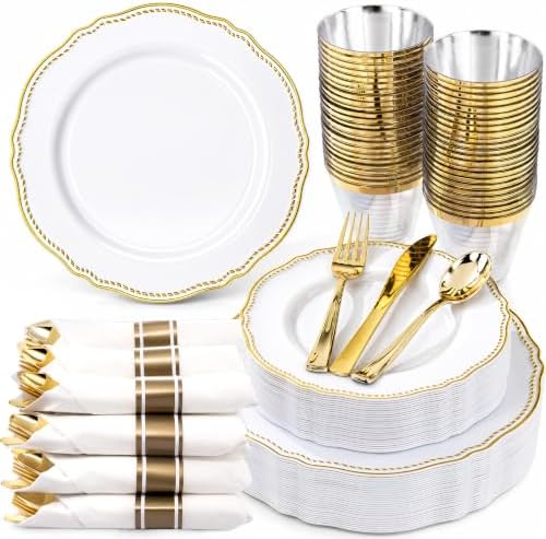 Hioasis 175 Pcs White and Gold Plastic Plates Wedding & Party by Hioasis