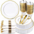 Hioasis 175 Pcs White and Gold Plastic Plates Wedding & Party by Hioasis