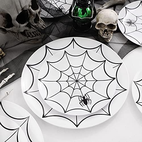 WDF 60Pieces Halloween Plates Disposable Plastic - White and Black with Cobwebs plates Dinnerware include 30PCS 10.25inch and 30PCS 7.5inch Plates for Halloween - Image 5