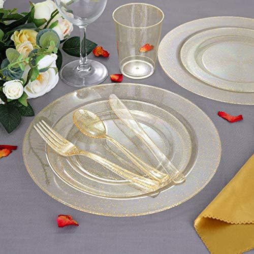 WELLIFE 300PCS Gold Glitter Plastic Plates, Gold Plastic Dinnerware Includes: 50 Dinner and 50 Dessert Plates, 150 Cutlery, 50 Cups for Party - Image 5