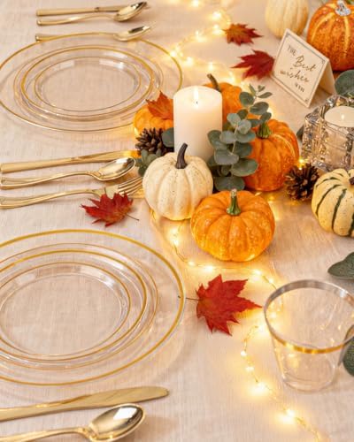 bUCLA 150Pcs Clear Gold Plastic Dinnerware Set - Clear and Gold Disposable Plates Include 25 Dinner / 25 Dessert Plates,25 Knives,25 Forks,25 Spoons,25 Cups for Party - Image 7