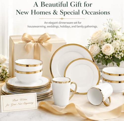 White and Gold Dinnerware Set for 4, 16-Piece Porcelain - Image 7