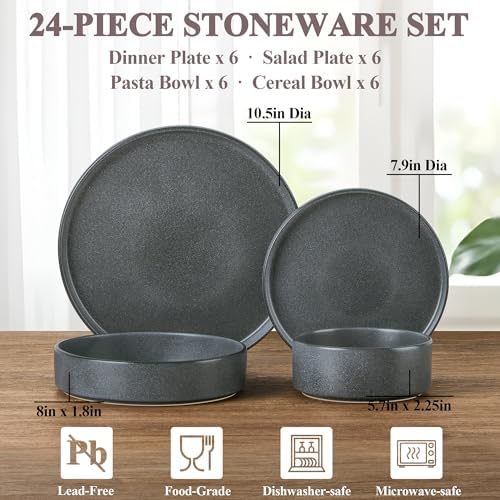 Herogo Dinnerware Dishes Sets with Salad Bowls, 24 Piece Plates and Bowls for 6, Dishwasher & Microwave Safe Ceramic Stoneware for Kitchen, Dark Gray - Image 2