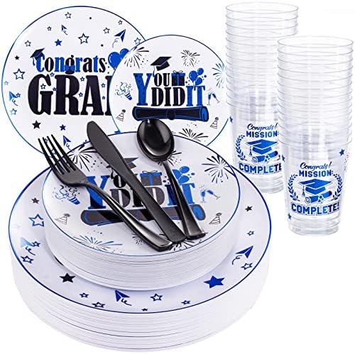 Liacere 150PCS Graduation Plastic Plates - Black and Blue Plastic Plates, Party Plates include 50Plates 25Knives 25Forks 25Spoons 25Cups for Graduation Party by Liacere