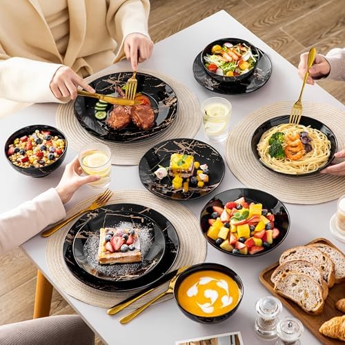 LOVECASA Plates and Bowls Sets for 6, 24 Pieces Porcelain Dinnerware Sets, Black and Gold Dish Set Gold Splash Dishware Sets, Dishwasher Microwave Safe - Image 6