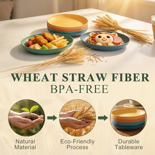 Wheat Straw Plate 8 Inch, Unbreakable Dinner Plates Set of 8, Microwave & Dishwasher Safe Kids Plates for Cake, Dessert, Side Salad, Plastic Plates Reusable for Camping, Kitchen, RV - Multi - Image 3