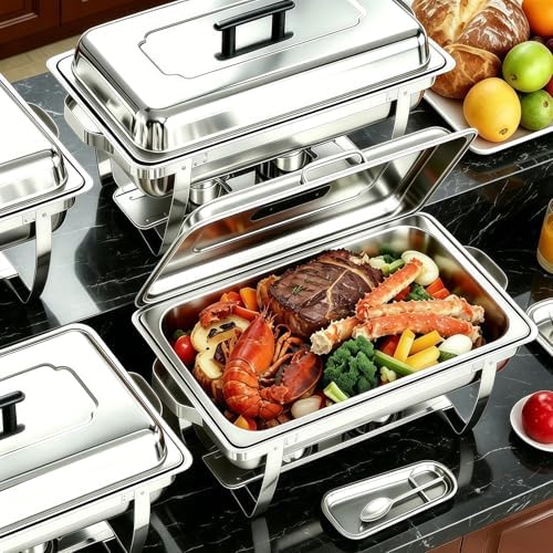Chafing Dish Buffet Set 4 Packs,9 Quart Stainless Steel Foldable Rectangular Chafing Full Size Food Pan,Chafing Servers With Covers buffet servers and food warmers for parties wedding outdoor banquet by ABrandwithtemperature