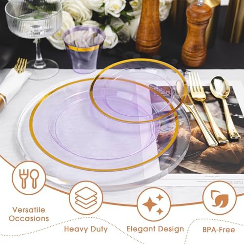 N9R 350PCS Purple Gold Plastic Plates, Disposable Dinnerware Set for Party - Image 6