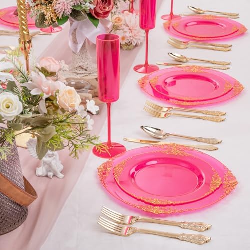 125PCS Clear Hot Pink Plastic Plates for Wedding Party Birthday - Image 6