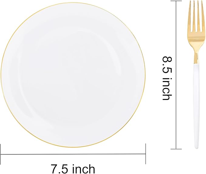 I00000 72PCS White Plastic Dessert Plates 7.5" with 72PCS Disposable Forks 8.5", Disposable White Dessert Plate, Fancy Salad Plates with Gold Rims Perfect for Wedding