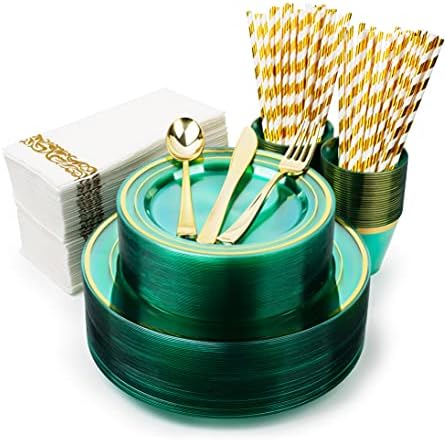 400PCS Mint Green Plastic Plates for 50 Guests, Disposable Plates Heavy Duty,100 Fancy Plates, 150 Gold Silverware, 50 Cups, 50 Napkins, 50 Straws Wedding, St. Patrick's Day, Easter by PREM-QUAL