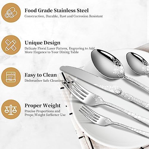 40 Piece Silverware Set, Stainless Steel Flatware Cutlery Set Service for 8, Mirror Polished Tableware Eating Utensils Set for Home Kitchen, Include Knife Fork Spoon Set, Dishwasher Safe - Image 3