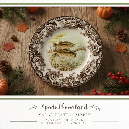 Spode Woodland Salmon Salad Plate with British Flowers Border - Brown/White - Image 2