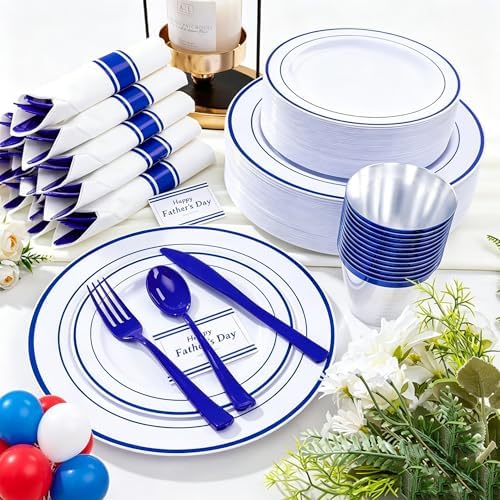 WELLIFE 210 Piece Blue Disposable Dinnerware Set,Plastic Plates for Party, Include: 30 Dinner Plates, 30 Dessert Plates, 30 Pre Rolled Napkins with Gold Silverware and 30 Gold Cups - Image 3