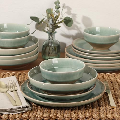 Gibson Elite Hailstone 16 Piece Stoneware Reactive Glaze (Service for 4) Ceramic Plates and Bowls Dinnerware Set - Tropical Green - Image 5