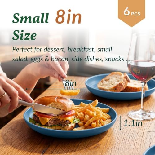 Homienly Wheat Straw Plates 8 inch Deep Dessert Plates Unbreakable Bread and Butter Plates Set of 6 Micorowave and Dishwasher Safe Camping Plates Stackable Plates for Apartment, Dorm (Blue) - Image 2