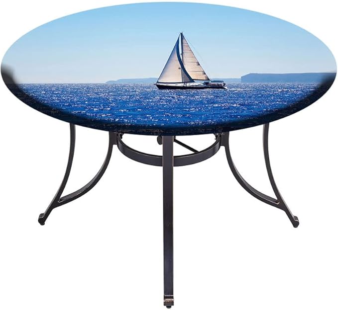 Elastic Tablecloth, Ocean Decorative Fabric Table Cover for, Blue Mediterranean Sailboat Sailing in Round Tables 35inch Diameter, for Restaurant Picnic Indoor and Outdoor Use, Blue