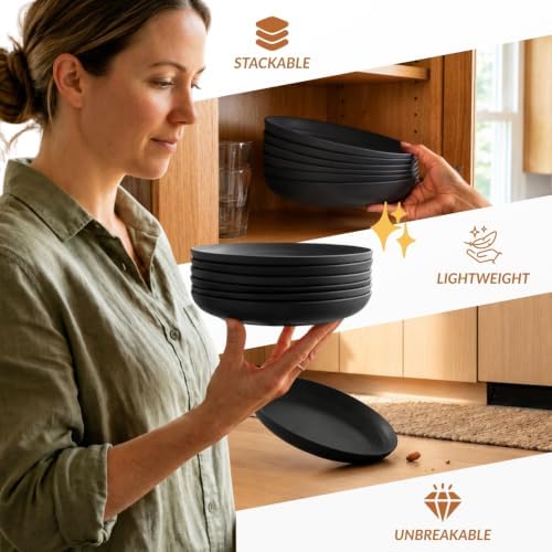 Homienly Wheat Straw Deep Plates 8 Inch Unbreakable Dessert Plates for Kitchen, Camping Microwave and Dishwasher Safe Plate Set for Bread & Butter, Appetizer Reusable Plastic Plates Set of 6 (Black) - Image 5