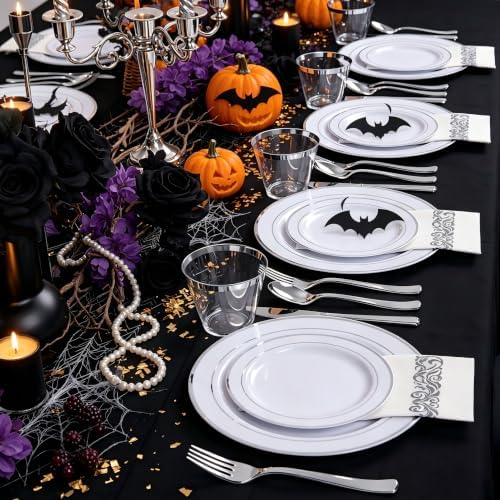 WELLIFE 700 Pieces Silver Plastic Dinnerware Set for 100 Guests - Includes Plates, Cups, Napkins, and Disposable Cutlery - Elegant White & Silver Design, Perfect for Parties and Events - Image 5