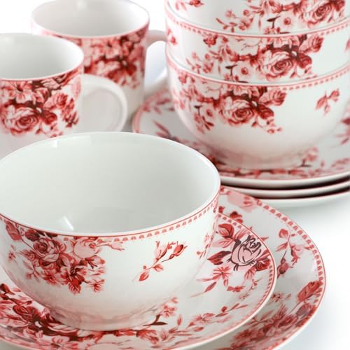 Elama Traditional Rose 16 Piece Porcelain Dinnerwar/Tableware Set, Service for 4 (Red) - Image 6