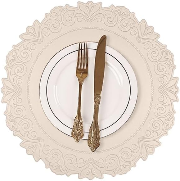Noctiflorous Round Faux Leather 15 Inch Placemats Set of 6 Waterproof Wipeable Heat Resistant Tablemat for Dining Table Kitchen Non Slip Washable Oilproof Table Place Mat for Indoor Outdoor(Beige, 6)
