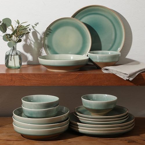 Gibson Elite Hailstone 16 Piece Stoneware Reactive Glaze (Service for 4) Ceramic Plates and Bowls Dinnerware Set - Tropical Green - Image 4
