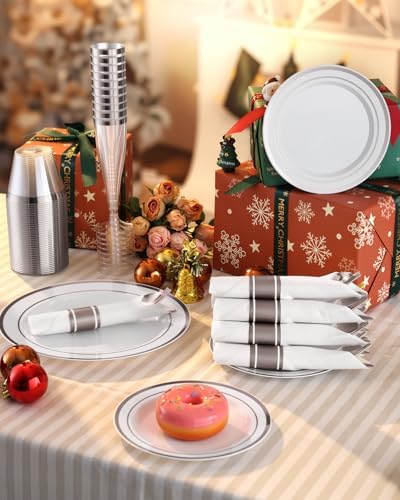 Goodluck 200 PCS Silver Dinnerware Set, Party Plastic Plates for 25 Guests - Image 5