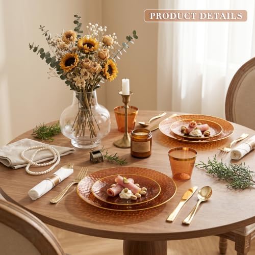 Rubtlamp 700Pcs Amber Gold Plastic Dinnerware Set, Hammered Clear Gold Plates, Fancy Plastic Plates Include 100 Dinner Platos, 100 Salad Platos, 100 Cups,100 Pack Pre Rolled gold plastic Silverware - Image 5