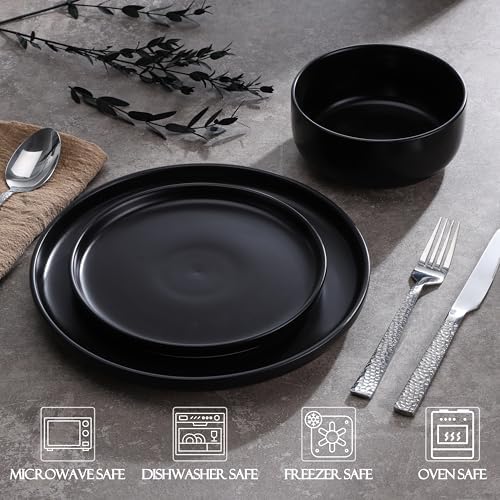 LIANYU Plates and Bowls Sets for 2, 6 Piece Stoneware Dinnerware Set, Porcelain Dishware for Kitchen and Dining, Microwave Oven Dishwasher Safe, High temperature & Scratch Resistant, Matte Black - Image 5