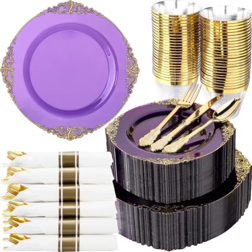 Nervure 350Pcs Purple Plastic Plates, Plastic Dinnerware Set for 50 Guests by Nervure
