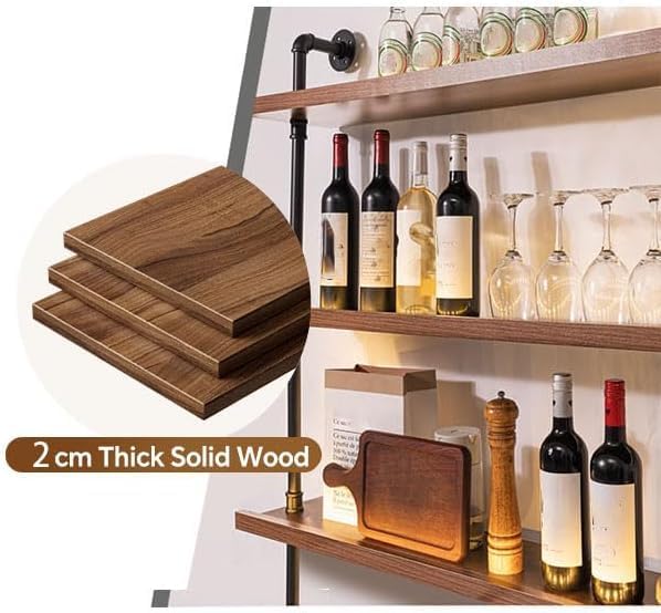 86.6in Large Wine Rack with LED Light Solid Wood Wall Mounted Wine Rack, 3-Tiers Liquor Bottles Floating Shelves Display Storage Organizer for Home Bar & Dining Room (220cm/86.6in)