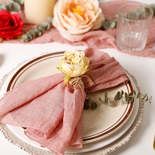 Flower Napkin Rings Set of 8, Handmade Champagne Peony Napkin Holder Floral Rings With Jute Bow Buckles for Summer, Wedding, Banquet, Birthday, Christmas, Valentine's, Thanksgiving Table Decoration - Image 2