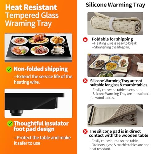 Electric Warming Tray,L 22"x14",Tempered Glass Warming Mat for Food,Black - Image 2