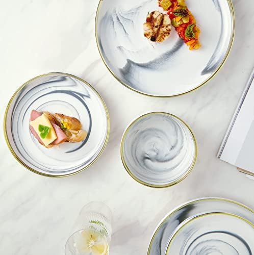 Pokini Marble Gold Rim Dinnerware Sets, Porcelain Plates and Bowls Sets - Image 6